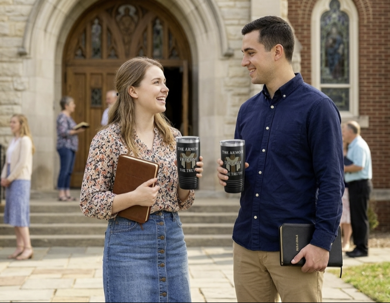 Young couple holding Zero FG 20oz stainless steel tumblers outside church."