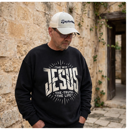 A man wearing a black crewneck sweatshirt with a white graphic print that reads 'THE WAY JESUS THE TRUTH THE LIFE' and a white TaylorMade baseball cap, standing against a rustic stone wall.