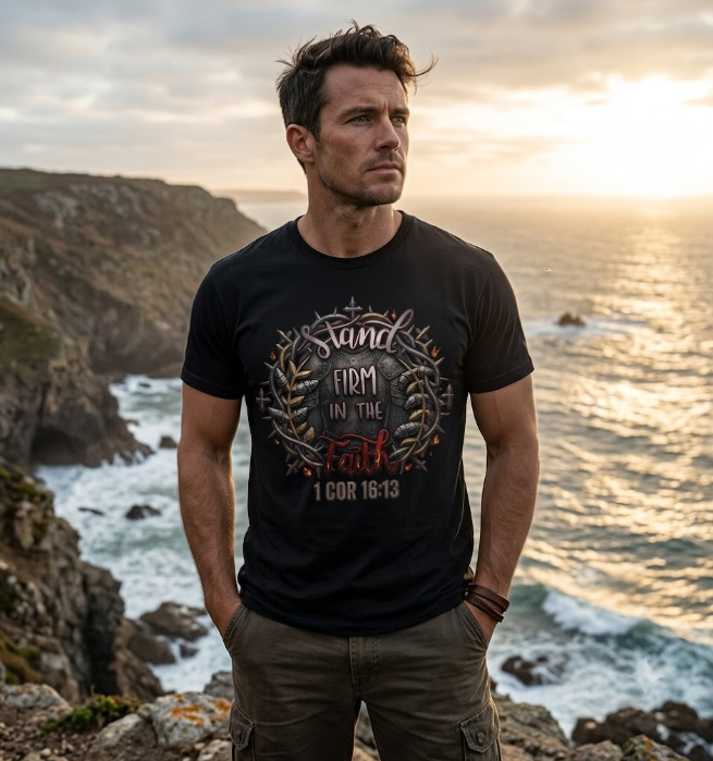 Man standing on a rocky coastal cliff wearing a black Stand Firm in the Faith 1 Cor 16:13 Christian t-shirt with an ocean sunset in the background.