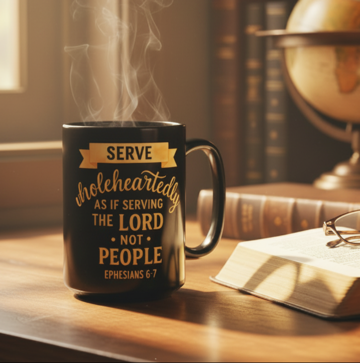 Serve Wholeheartedly" Premium Black Mug — Ephesians 6:7