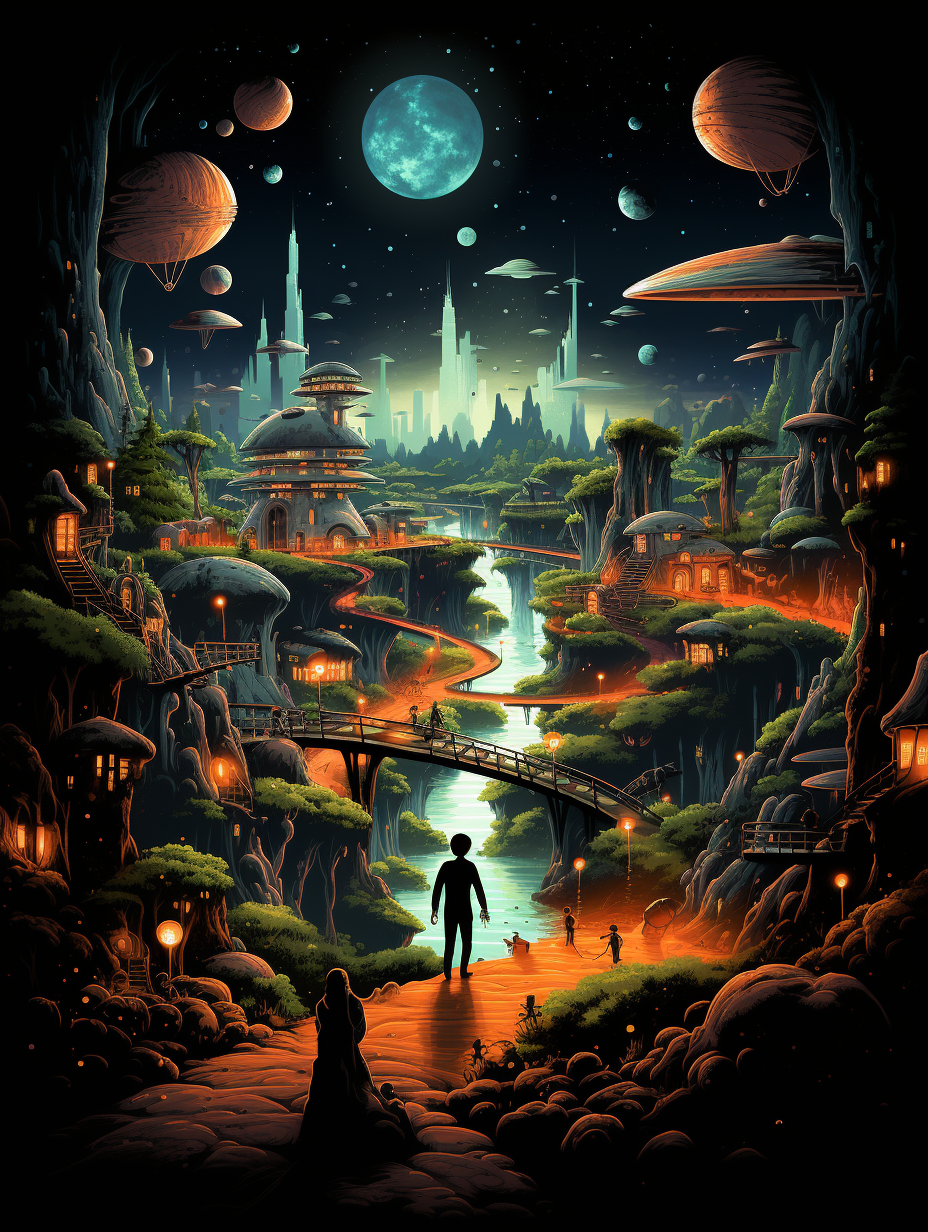 Interstellar Cityscape Alien Poster – Retro Sci-Fi Wall Art (3 Sizes)