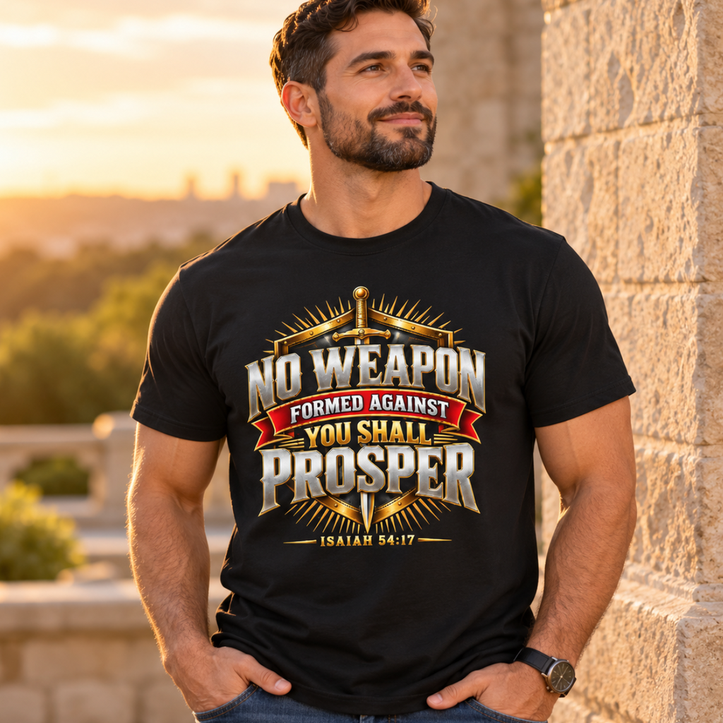 Black T-shirt featuring the message “No Weapon Formed Against You Shall Prosper” with Isaiah 54:17, worn by a man outdoors in warm golden light beside a stone wall.