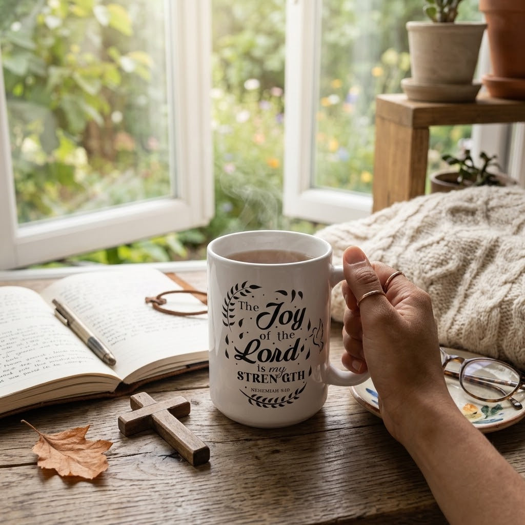 Person holding a white Christian mug reading “The Joy of the Lord Is My Strength,” beside an open journal, wooden cross, eyeglasses, and autumn leaf in a sunlit room.