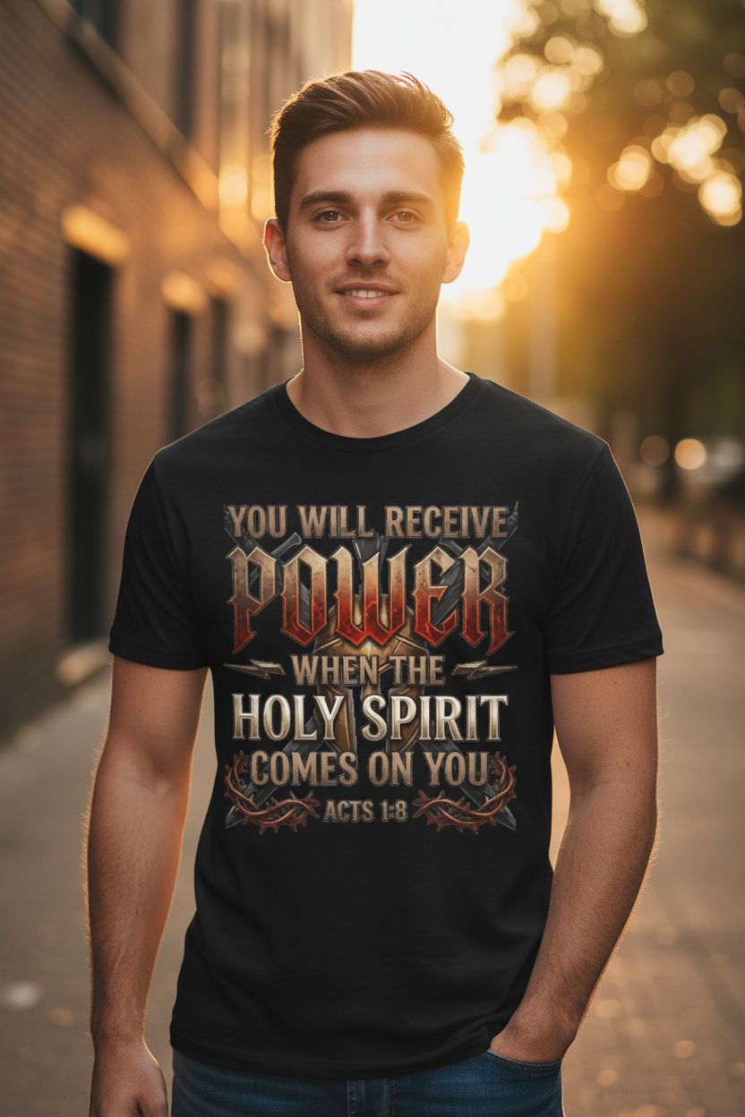 Young man wearing a black Acts 1:8 "You Will Receive Power" Christian graphic t-shirt, standing on an urban sidewalk in warm golden hour sunlight with a relaxed confident smile.