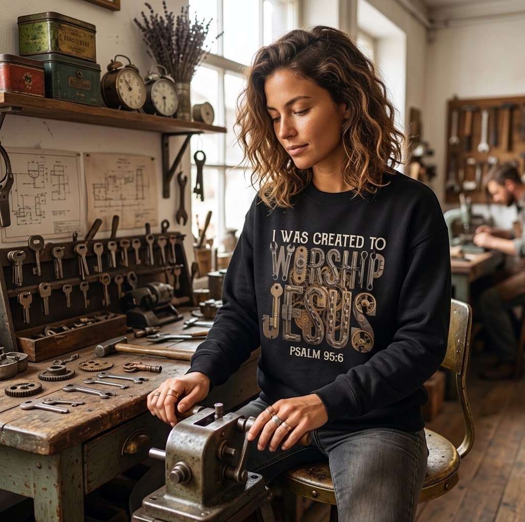 Woman wearing a black "I Was Created to Worship Jesus Psalm 95:6" steampunk crewneck sweatshirt, seated at a rustic workshop workbench surrounded by vintage keys, gears, and tools