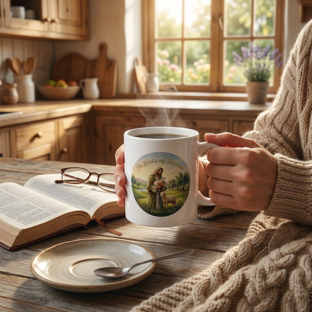 Person holding a white Psalm 23 Christian mug in a warm sunlit kitchen beside an open Bible, eyeglasses, saucer, and spoon.