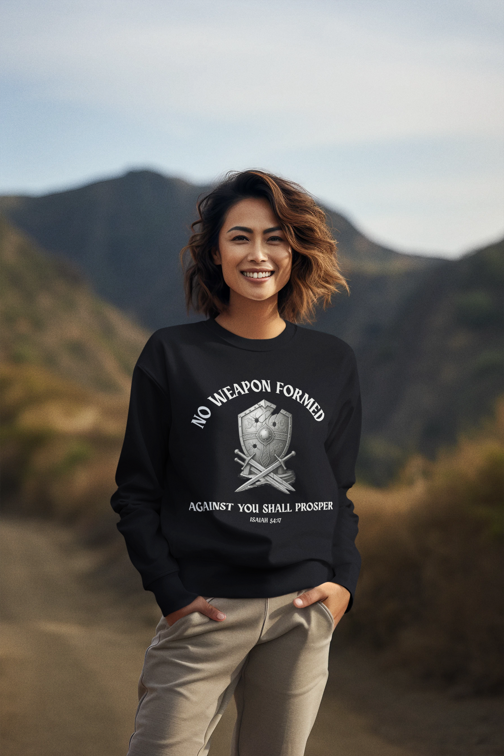 Christian Sweatshirt – Isaiah 54:17 “No Weapon Formed” Bible Verse