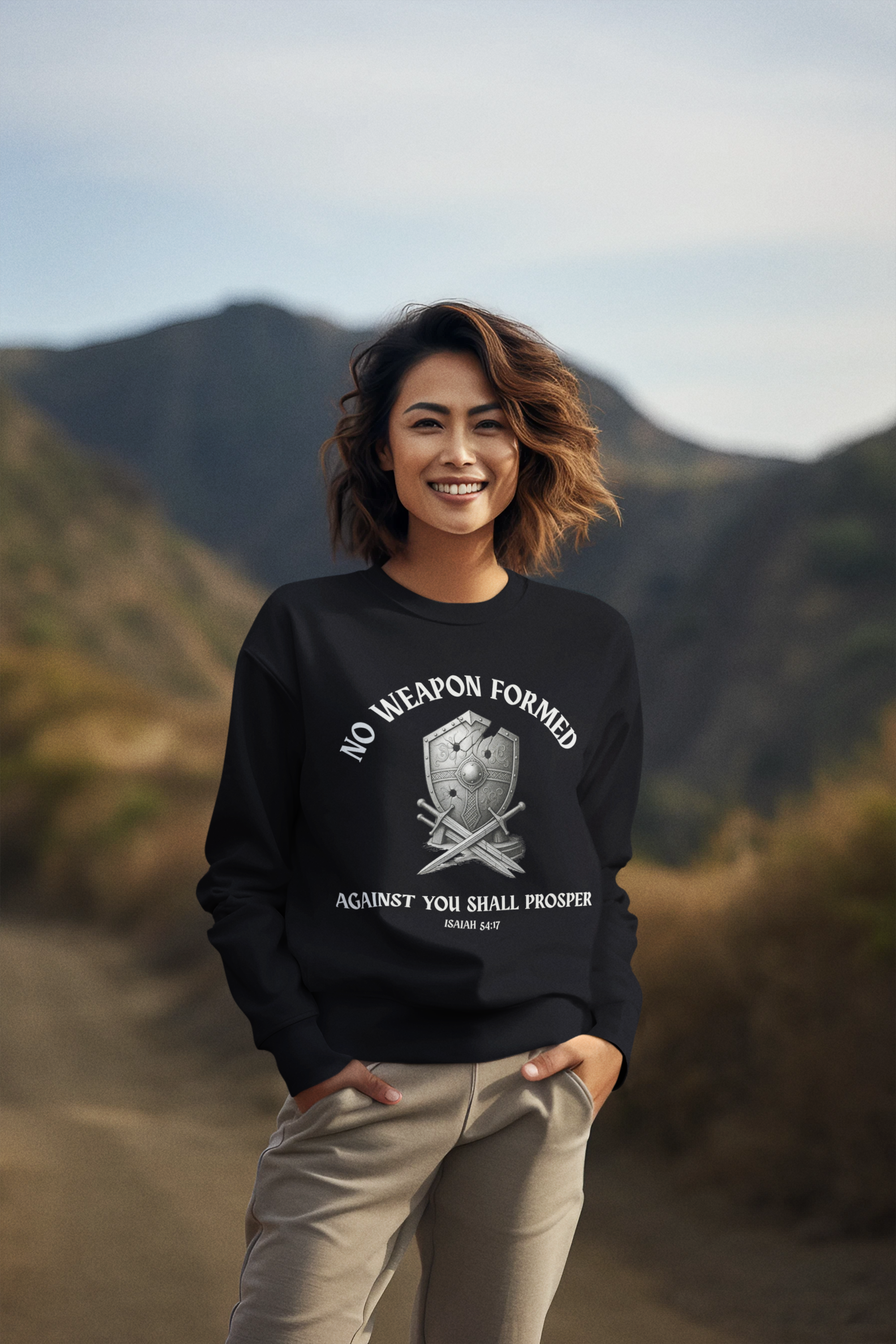 Christian Sweatshirt – Isaiah 54:17 “No Weapon Formed” Bible Verse