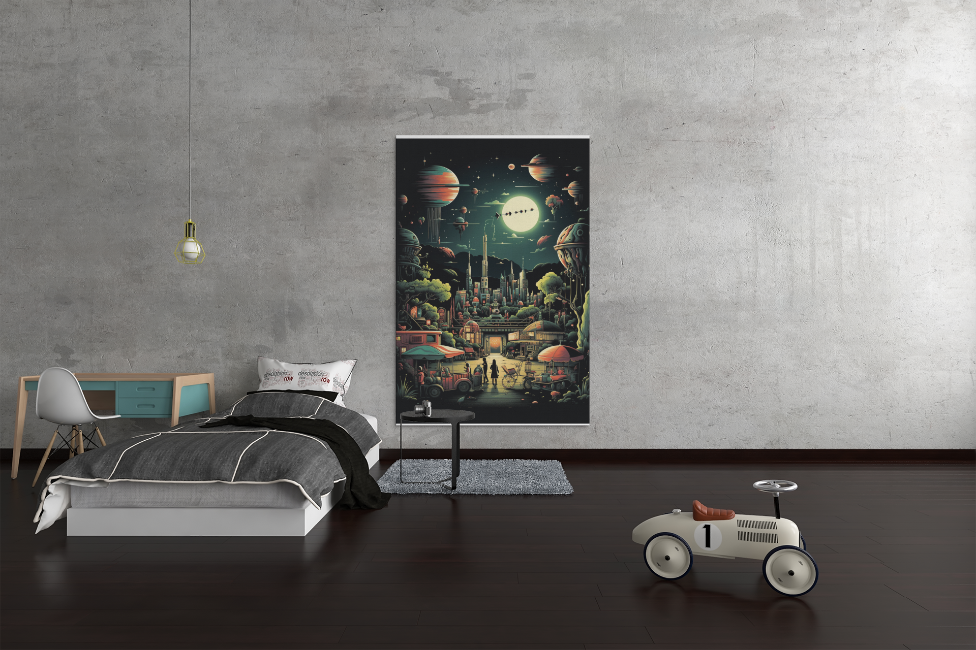 Retro Futuristic City Market Poster – Cosmic Sci-Fi Wall Art (3 Sizes)
