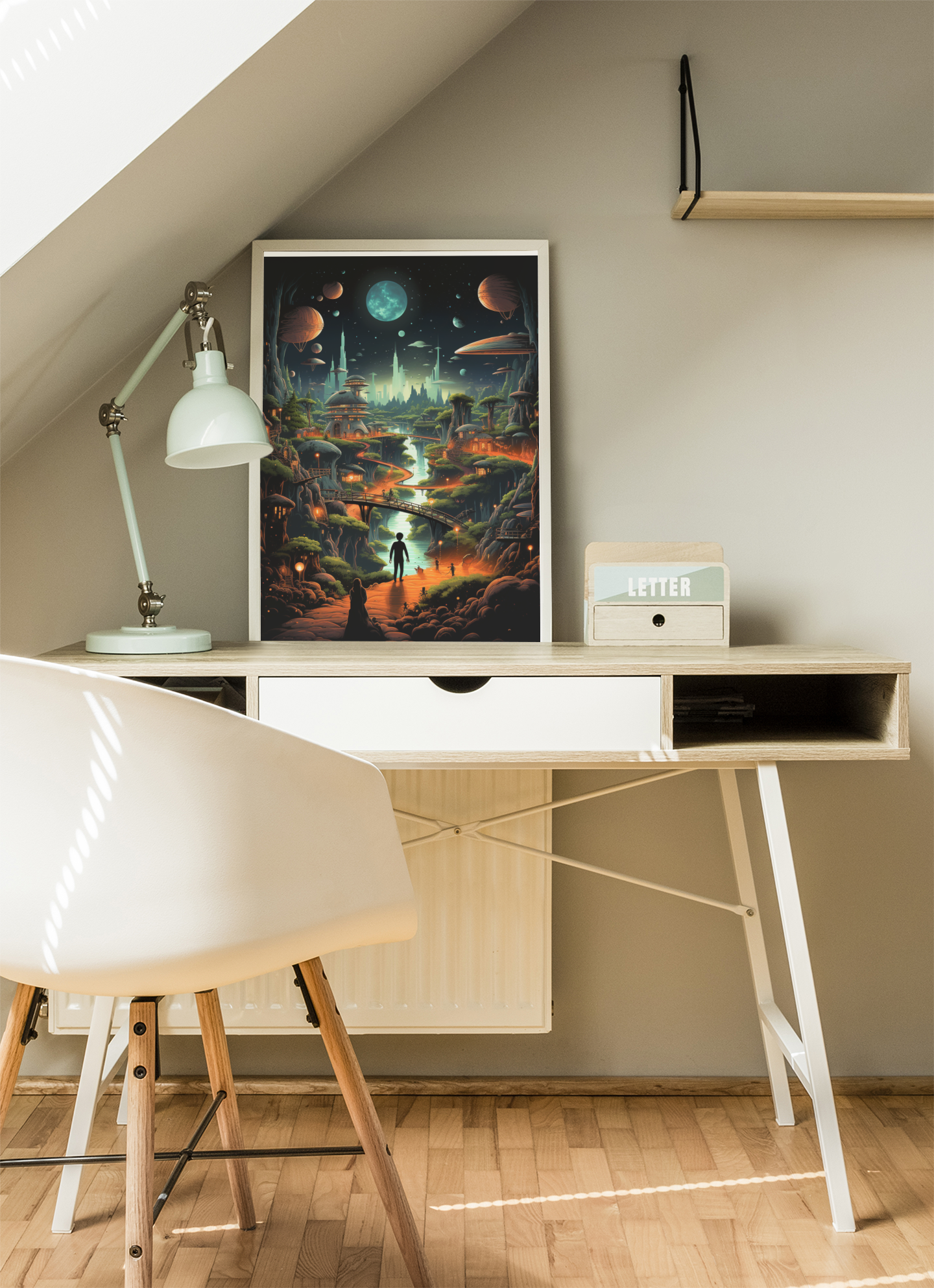 Interstellar Cityscape Alien Poster – Retro Sci-Fi Wall Art (3 Sizes)