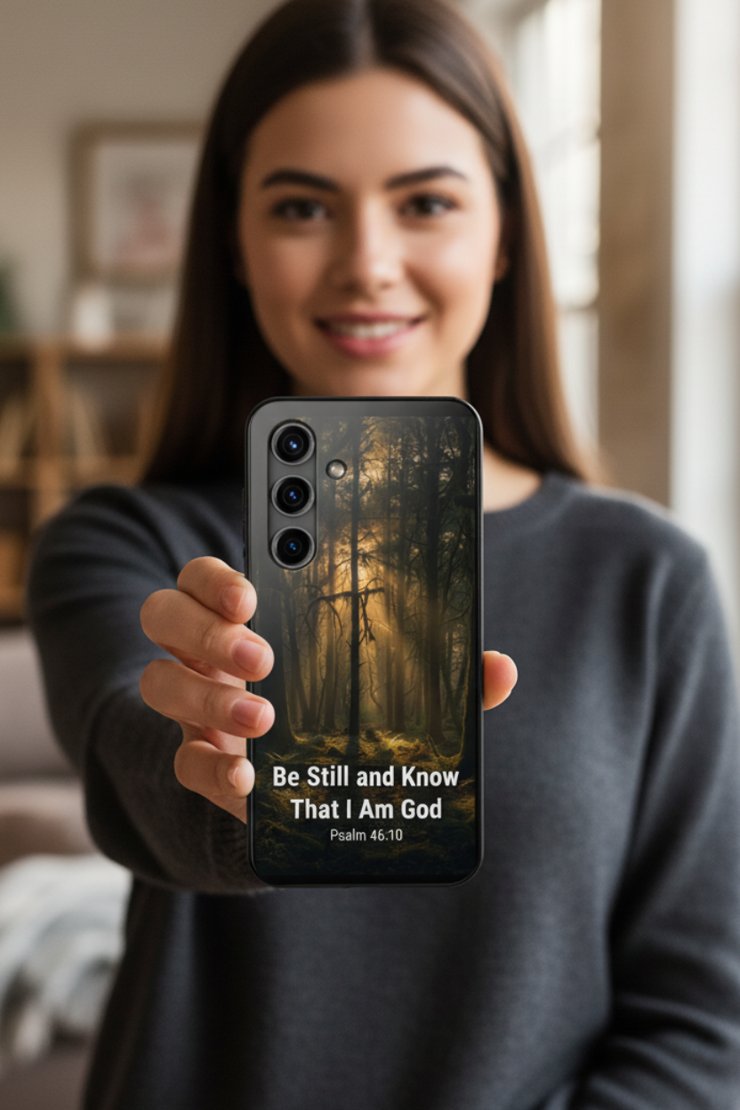 Young woman smiling and holding Psalm 46:10 Christian phone case showing misty forest with golden light and cross — "Be Still and Know That I Am God"