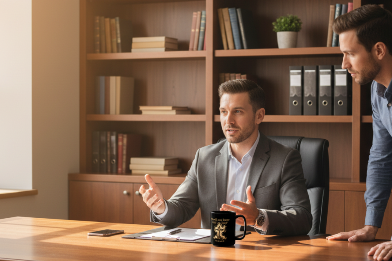 Man in business office seated at desk with black Christian faith mug, gold cross design, professional setting with bookshelves