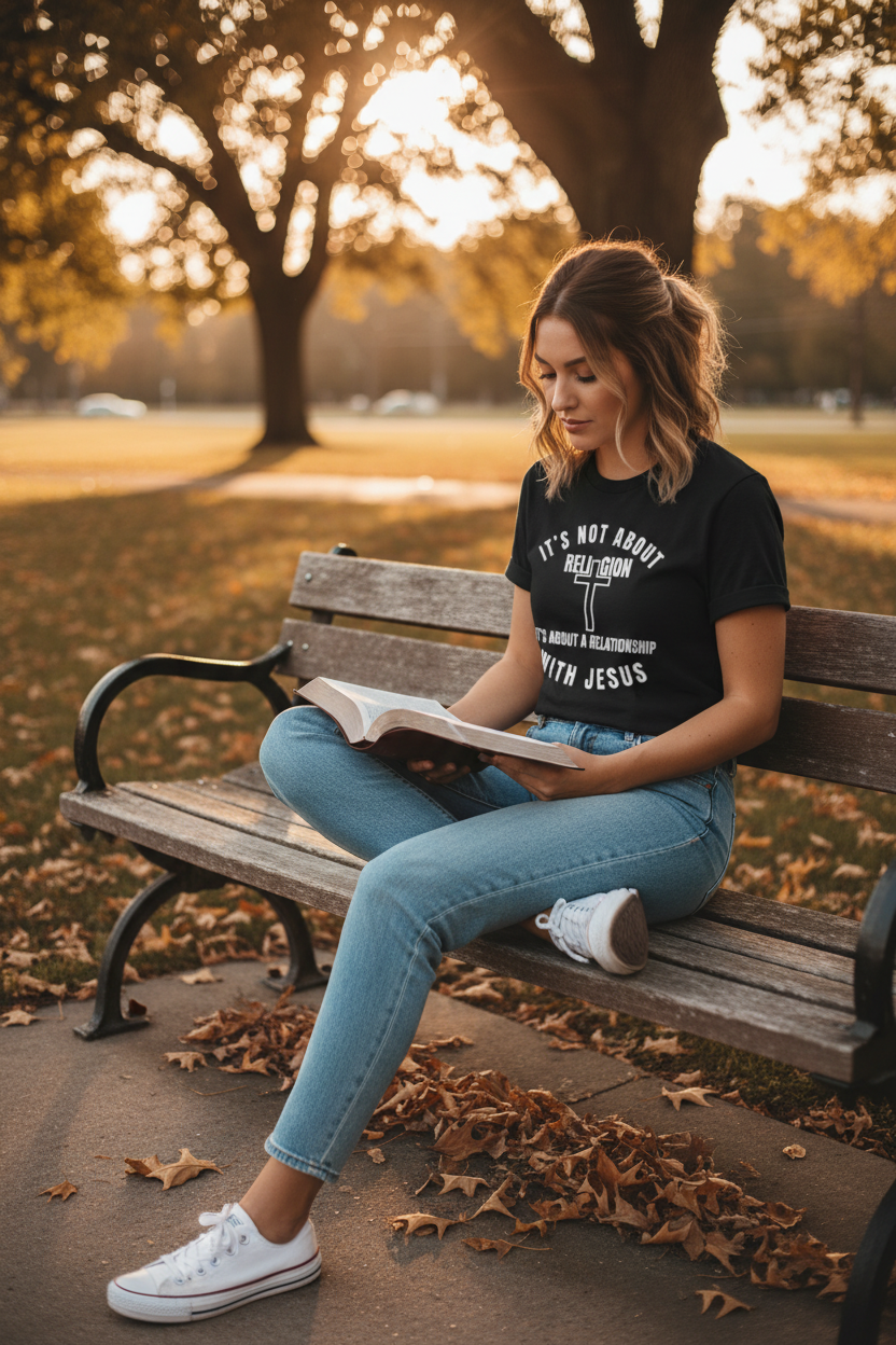 Woman wearing It's Not About Religion It's About a Relationship With Jesus black Christian t-shirt outdoors - Zero FG faith apparel
