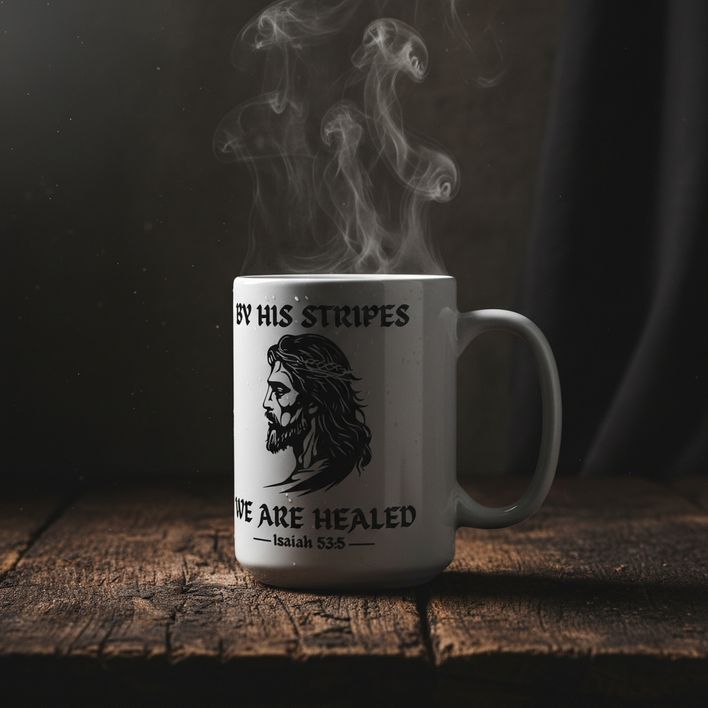 Zero FG By His Stripes We Are Healed ceramic mug on dark wood with steam rising — defiant Christianity faith gear — Isaiah 53:5