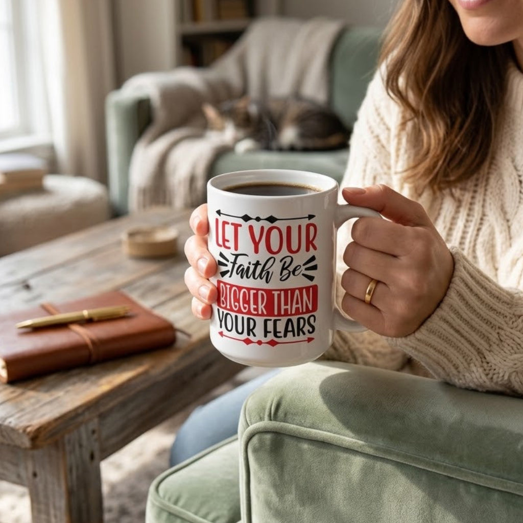 Woman holding a white Christian mug reading “Let Your Faith Be Bigger Than Your Fears” while relaxing in a cozy living room with a cat in the background.