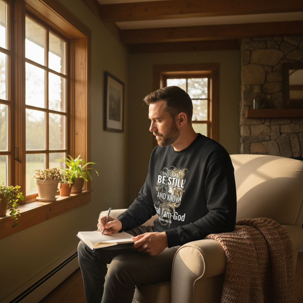 Candid lifestyle image of the Psalm 46:10 sweatshirt