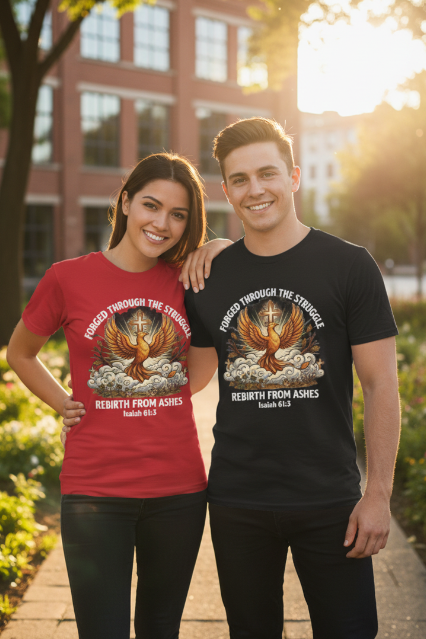 Couple wearing Christian Phoenix Tee outdoors - woman in red, man in black - Forged Through the Struggle Rebirth from Ashes Isaiah 61:3 faith apparel
