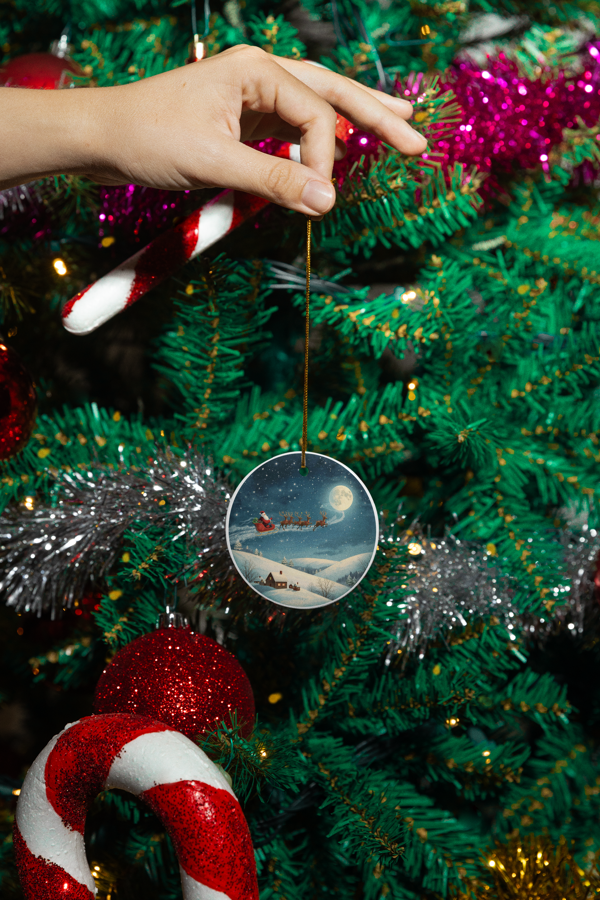 Santa Sleigh Ceramic Ornament — Double-Sided Christmas Decor