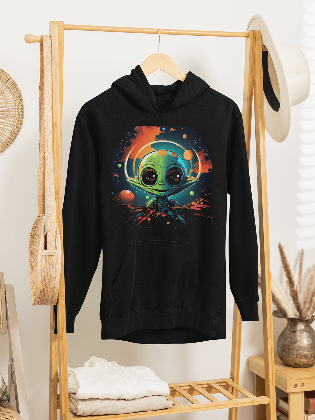Cosmic Cutie Alien Hoodie – Vibrant Outer Space Art on Black