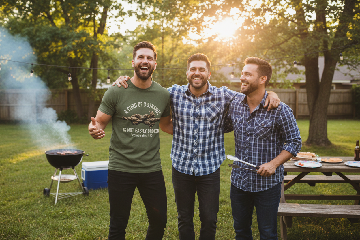 Three men laughing together at a backyard BBQ, one wearing the Ecclesiastes 4:12 cord of 3 strands military green t-shirt, golden hour evening light