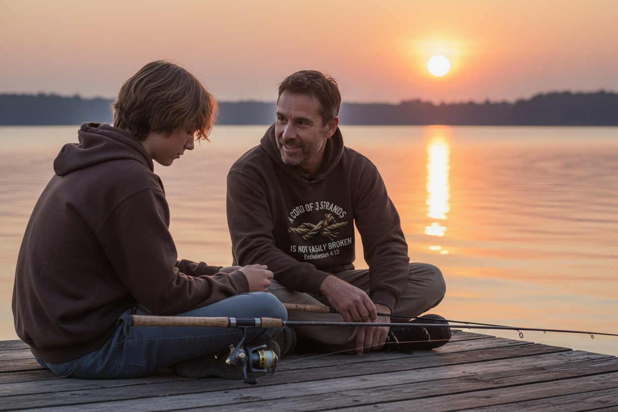 Father and teenage son sitting on a wooden dock at sunset with fishing rods, father wearing the Ecclesiastes 4:12 cord of 3 strands dark chocolate hoodie