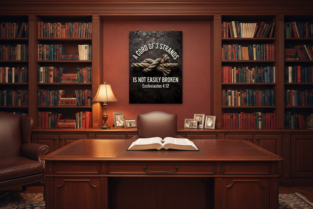 Ecclesiastes 4:12 cord of 3 strands scripture poster hanging on wall behind a pastor's desk with open Bible and bookcase full of books