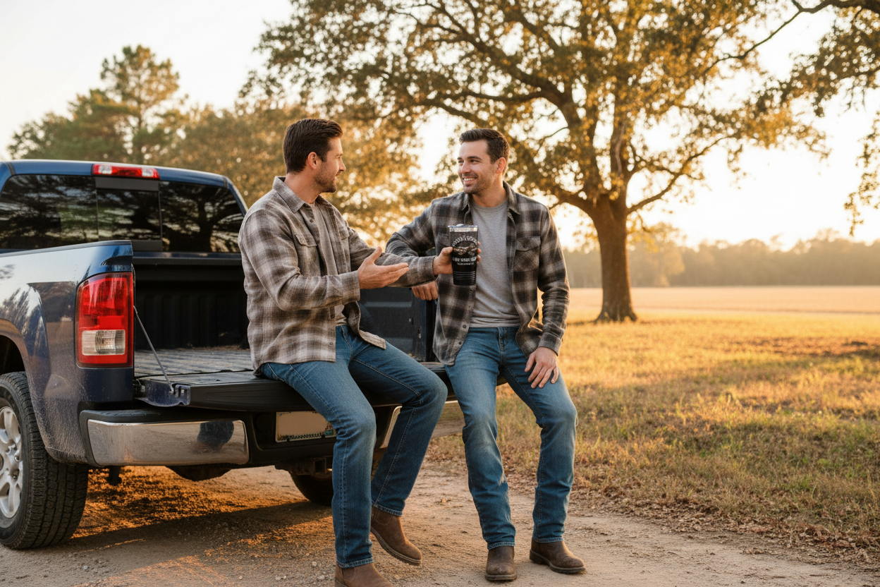 Man sitting on the tailgate of a pickup truck holding a black Ecclesiastes 4:12 cord of 3 strands tumbler while talking to a friend outdoors