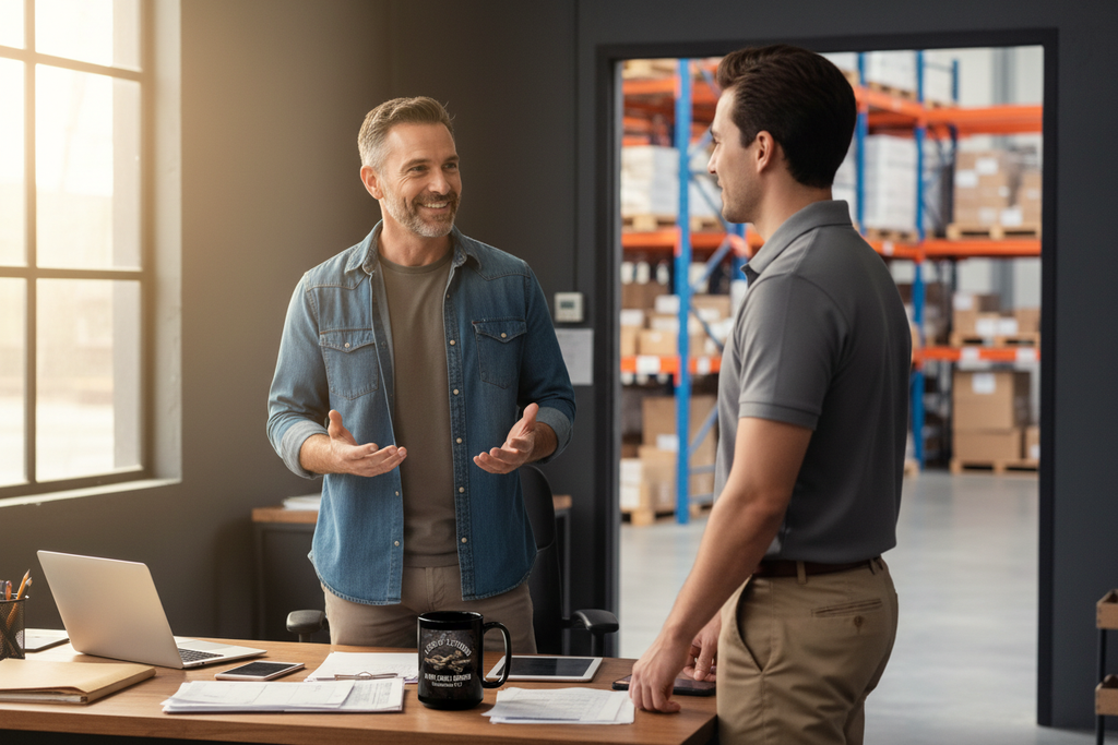 Black Ecclesiastes 4:12 cord of 3 strands coffee mug sitting front and centre on a warehouse manager's desk while he talks with an employee