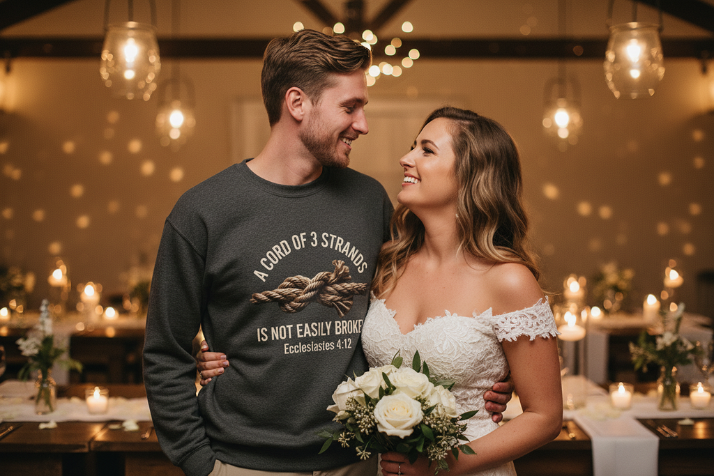 Groom wearing Ecclesiastes 4:12 cord of 3 strands dark heather crewneck sweatshirt at wedding reception beside his bride, warm candlelit background