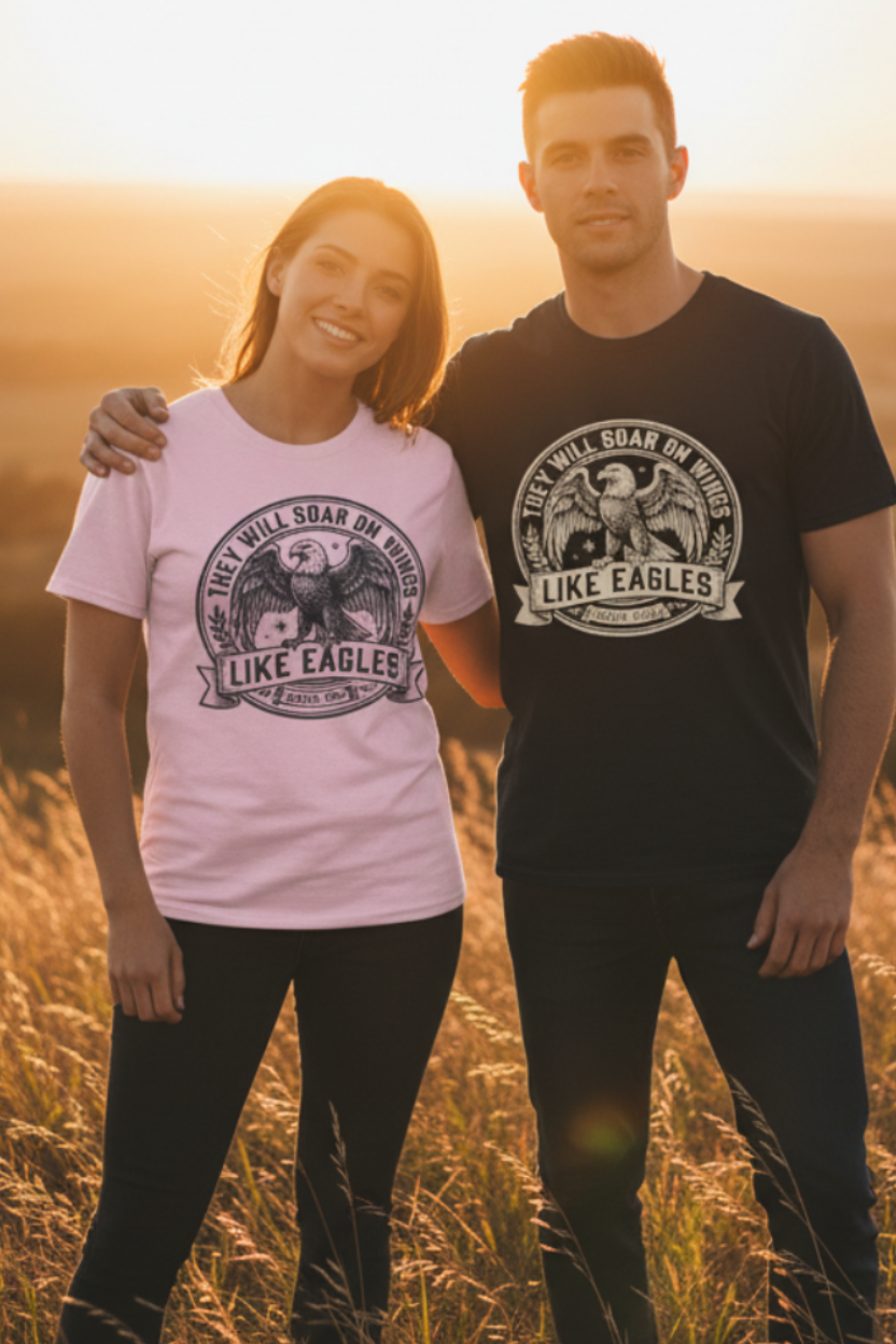 Man and woman wearing They Will Soar on Wings Like Eagles Isaiah 40:31 Christian t-shirts in black and pink