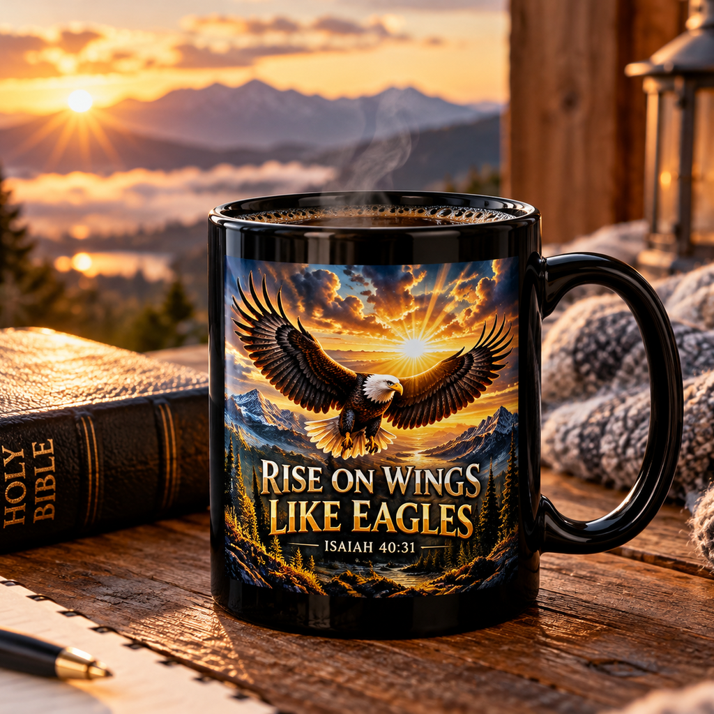 Black Rise on Wings Like Eagles Isaiah 40:31 mug with soaring eagle artwork, steaming coffee, and a Bible on a rustic table overlooking mountains at sunrise.