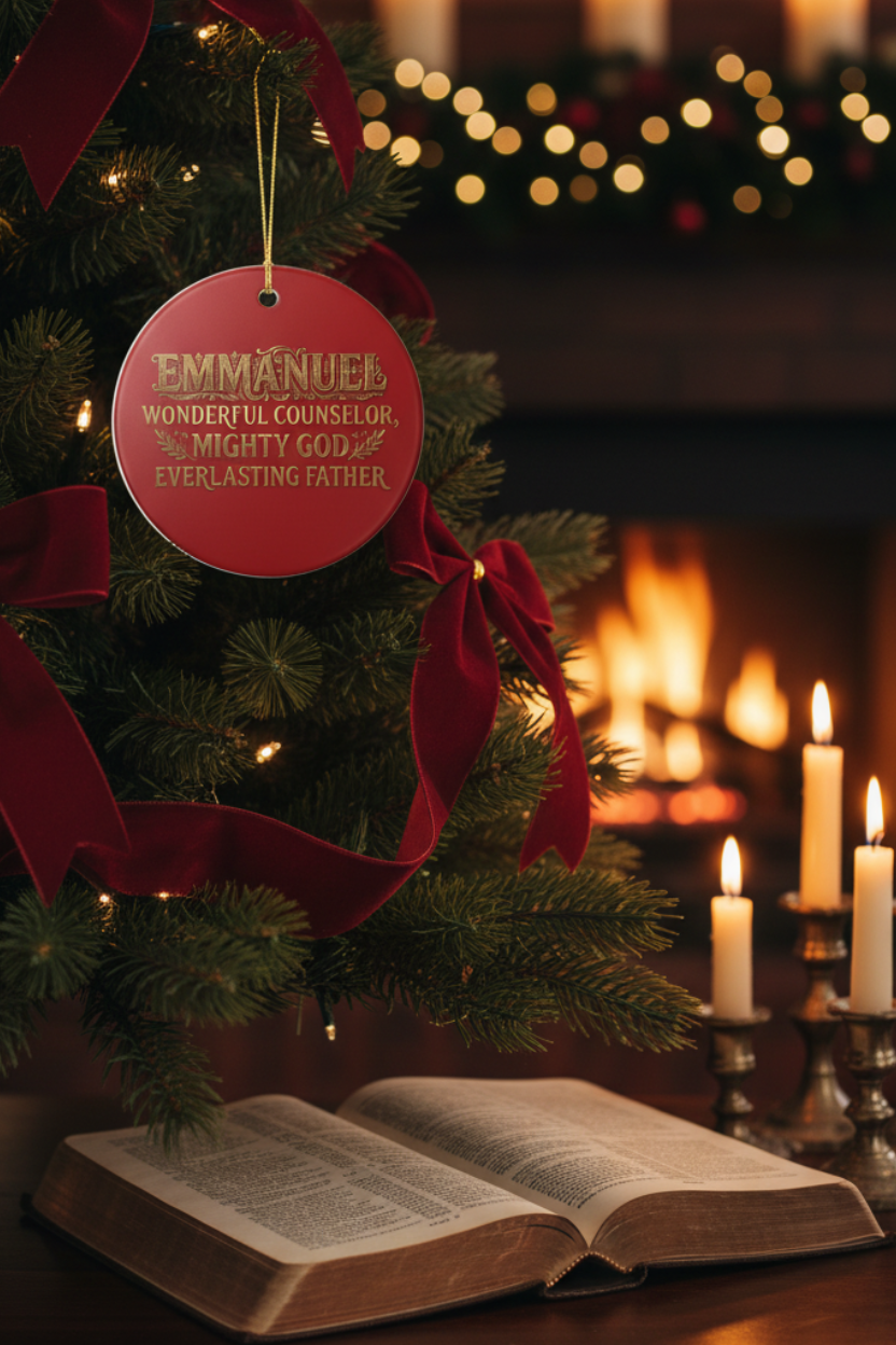 Deep crimson Emmanuel ceramic Christmas ornament with gold Victorian typography hanging on a Christmas tree, antique gold candlesticks, open leather Bible on dark walnut table, candlelit cathedral atmosphere