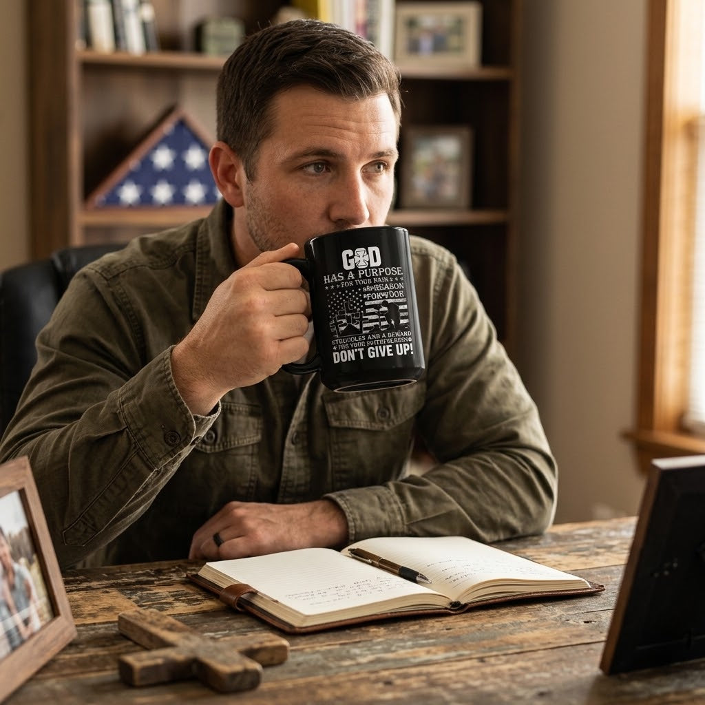 Man holding a black Christian mug with an encouragement message while seated at a table with an open Bible, journal, and wooden cross.