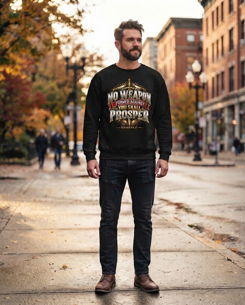Man wearing the black Isaiah 54:17 No Weapon Formed Against You Shall Prosper sword sweatshirt on a city street in fall