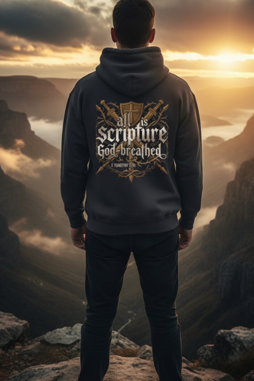 Man standing on a mountain cliff from behind, wearing a dark charcoal hoodie with "All Scripture is God-Breathed" sword and shield design, dramatic golden sunrise breaking through storm clouds over a misty valley.