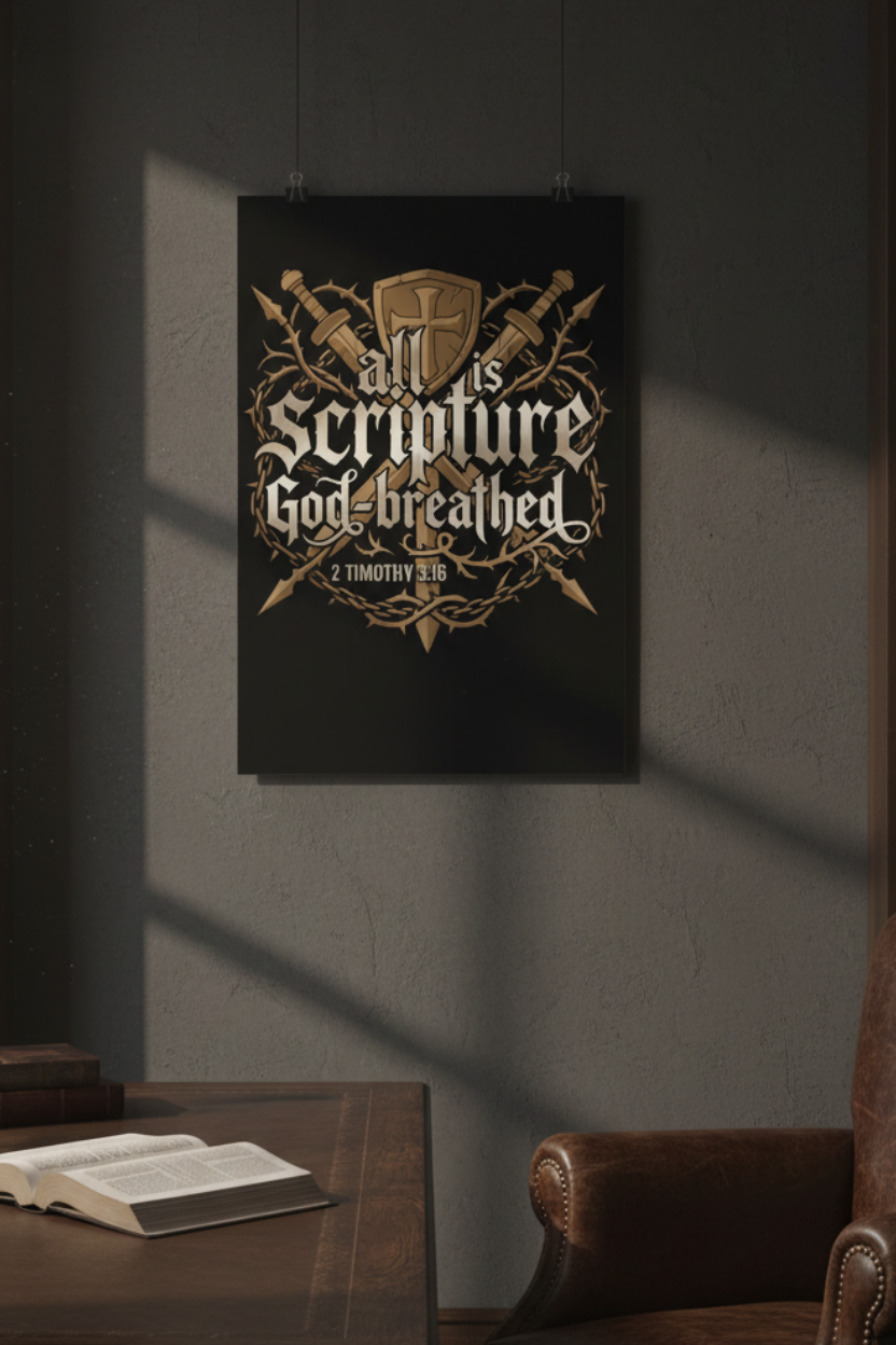 "All Scripture is God-Breathed" 2 Timothy 3:16 matte poster hanging on a dark grey wall in a masculine study, warm natural light, open Bible on a wooden desk, brown leather chair below.
