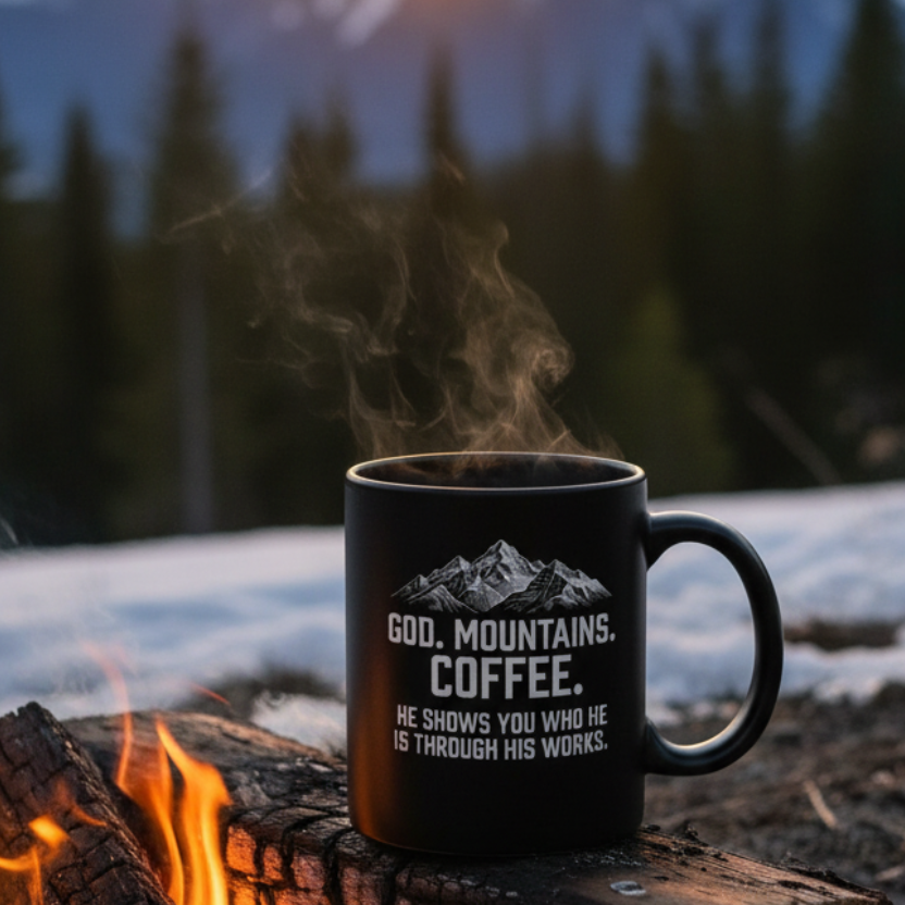 Black ceramic God. Mountains. Coffee. mug resting on a log beside a crackling campfire, steam rising from the mug, pine trees and snow-capped mountains visible in the background at sunrise.