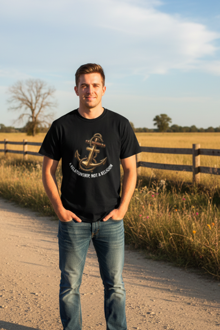 Guy in black t-shirt rural lifestyle