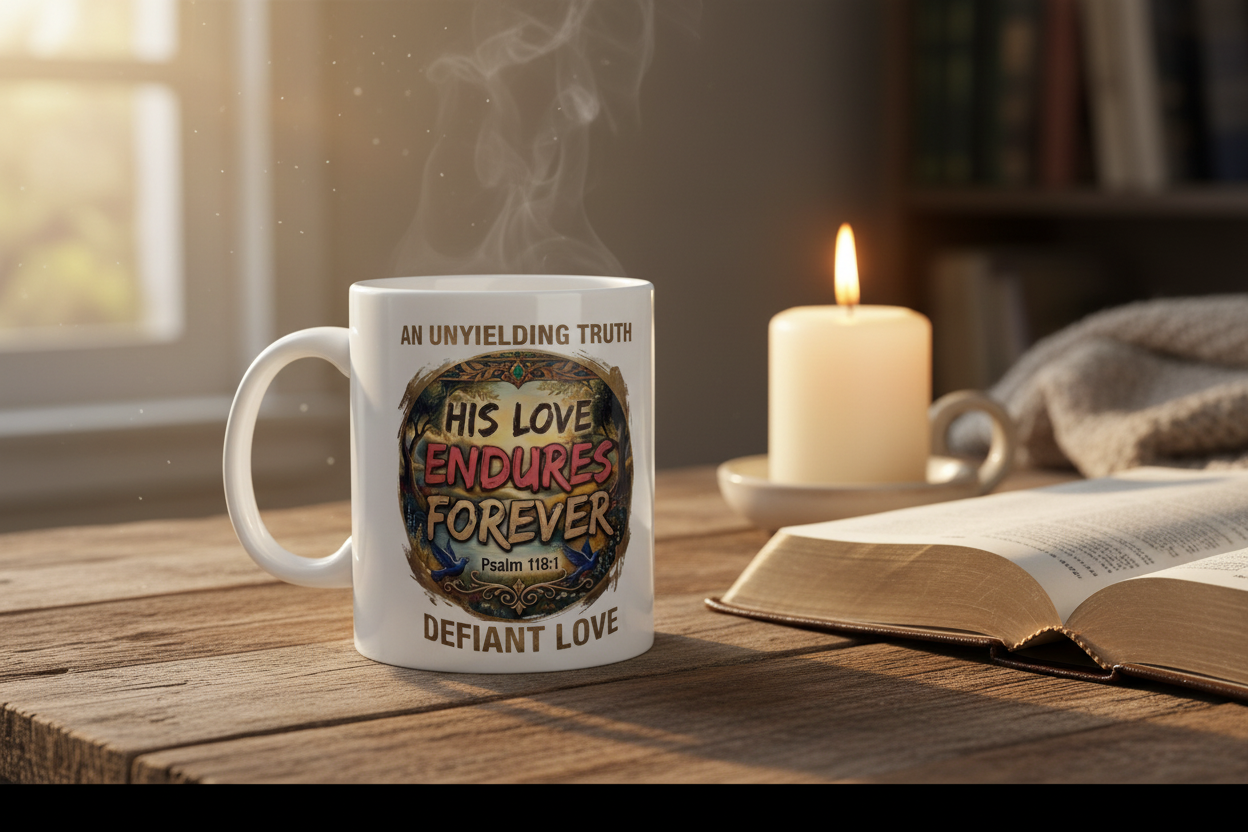 White ceramic His Love Endures Forever Psalm 118:1 Defiant Love mug on rustic wood table with open Bible and candle in warm morning light