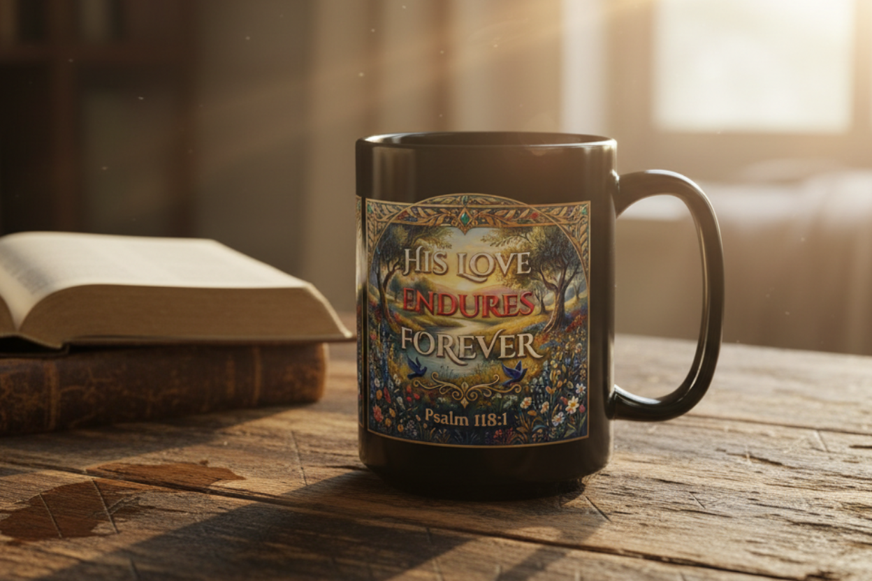 Black ceramic mug with His Love Endures Forever Psalm 118:1 illuminated design on rustic wood table with open Bible in warm morning light