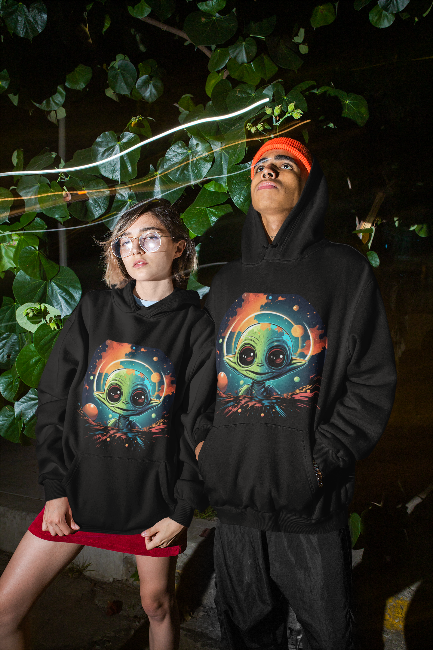 Cosmic Cutie Alien Hoodie – Vibrant Outer Space Art on Black