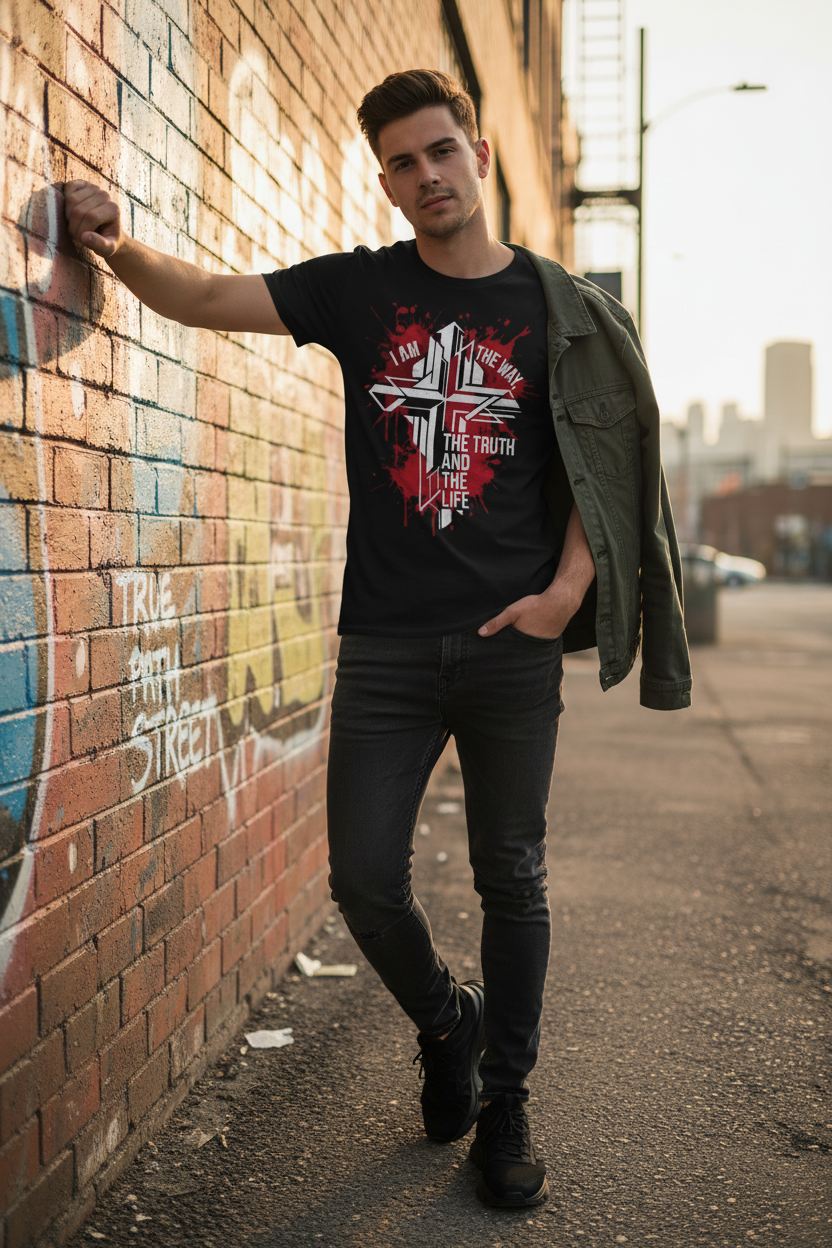 Young man wearing black Christian faith t-shirt with red cross graphic, leaning against graffiti brick wall in urban alley, styled with olive jacket and dark jeans
