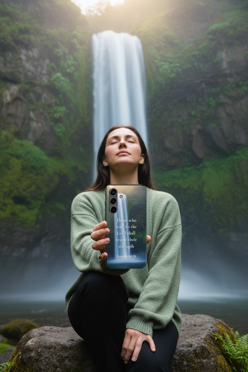 Woman sitting peacefully beside a majestic waterfall holding Isaiah 40:31 Christian phone case — "Those Who Wait on the Lord Shall Renew Their Strength" waterfall design