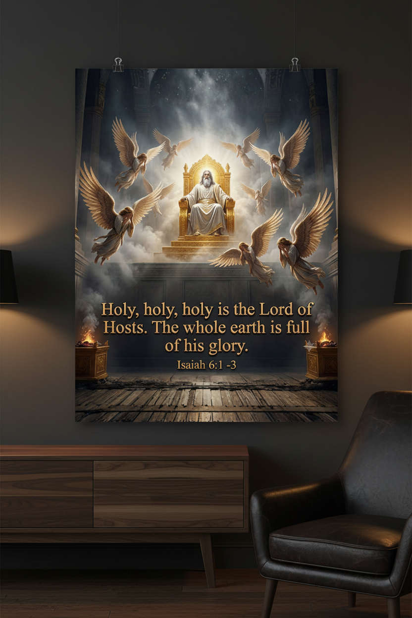 Isaiah 6:1-3 scripture art poster hanging on dark wall above wood dresser with leather chair, cinematic Christian home decor