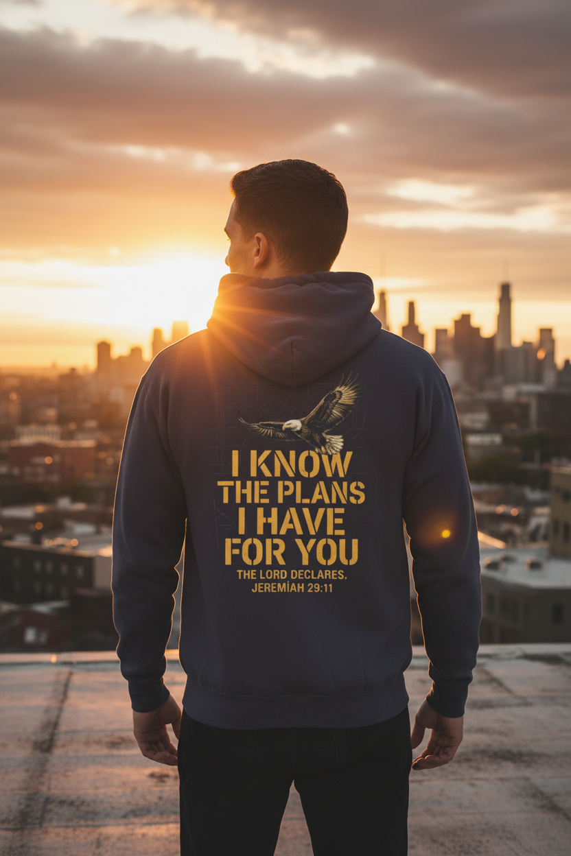 Man standing on urban rooftop at golden hour wearing Jeremiah 29:11 Christian hoodie — back print with soaring eagle and gold distressed text, city skyline at sunset

