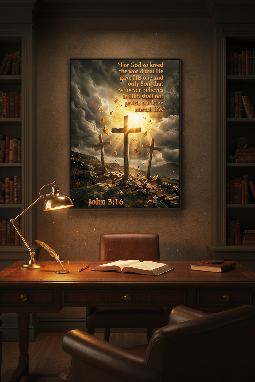 John 3:16 framed wall art poster hanging above a wooden desk in a warm study, open Bible below, three crosses with dramatic light breaking through storm clouds