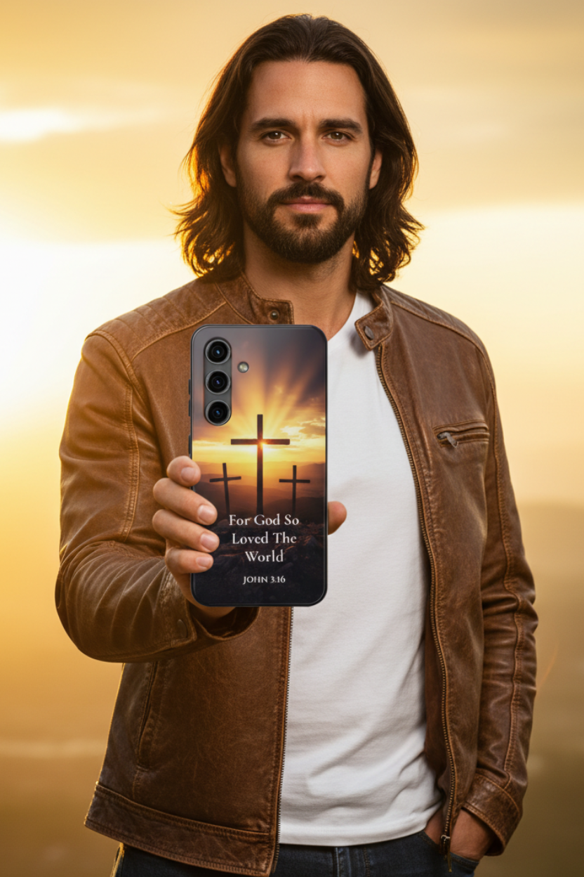  Man with long hair and leather jacket holding John 3:16 Christian phone case at golden sunset — "For God So Loved The World" three crosses design