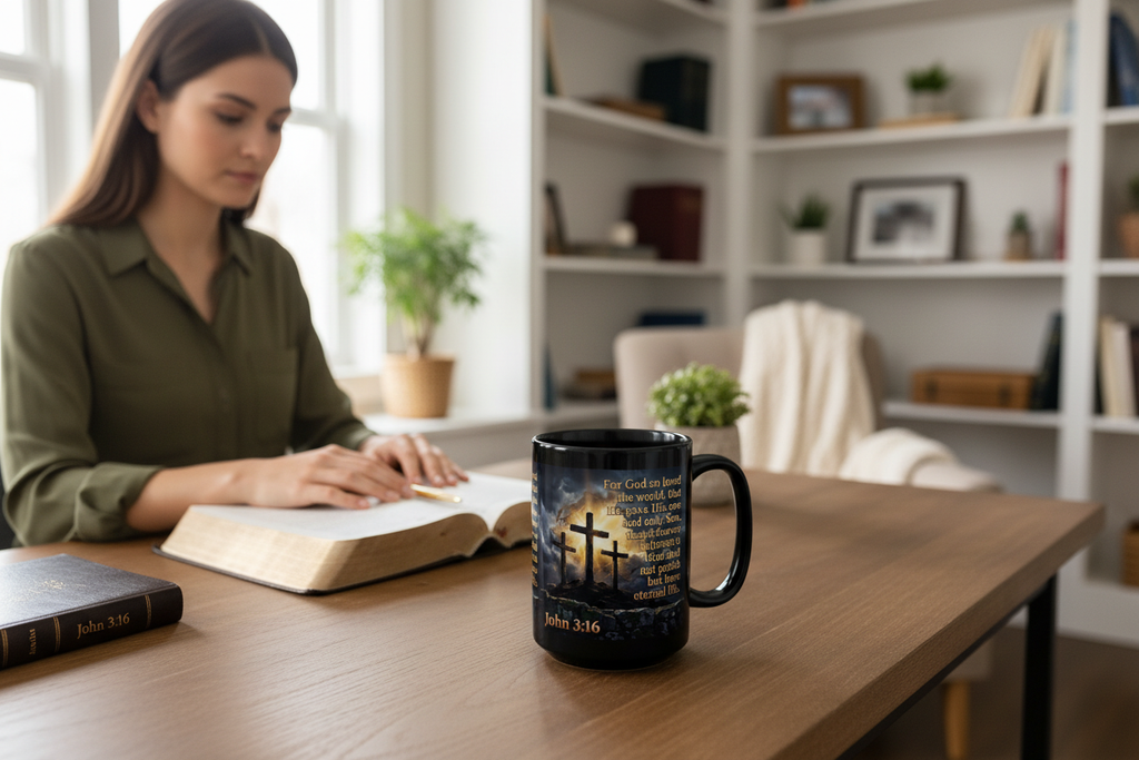 Woman at home desk with open Bible and black John 3:16 Christian mug in foreground, faith-inspired home office setting