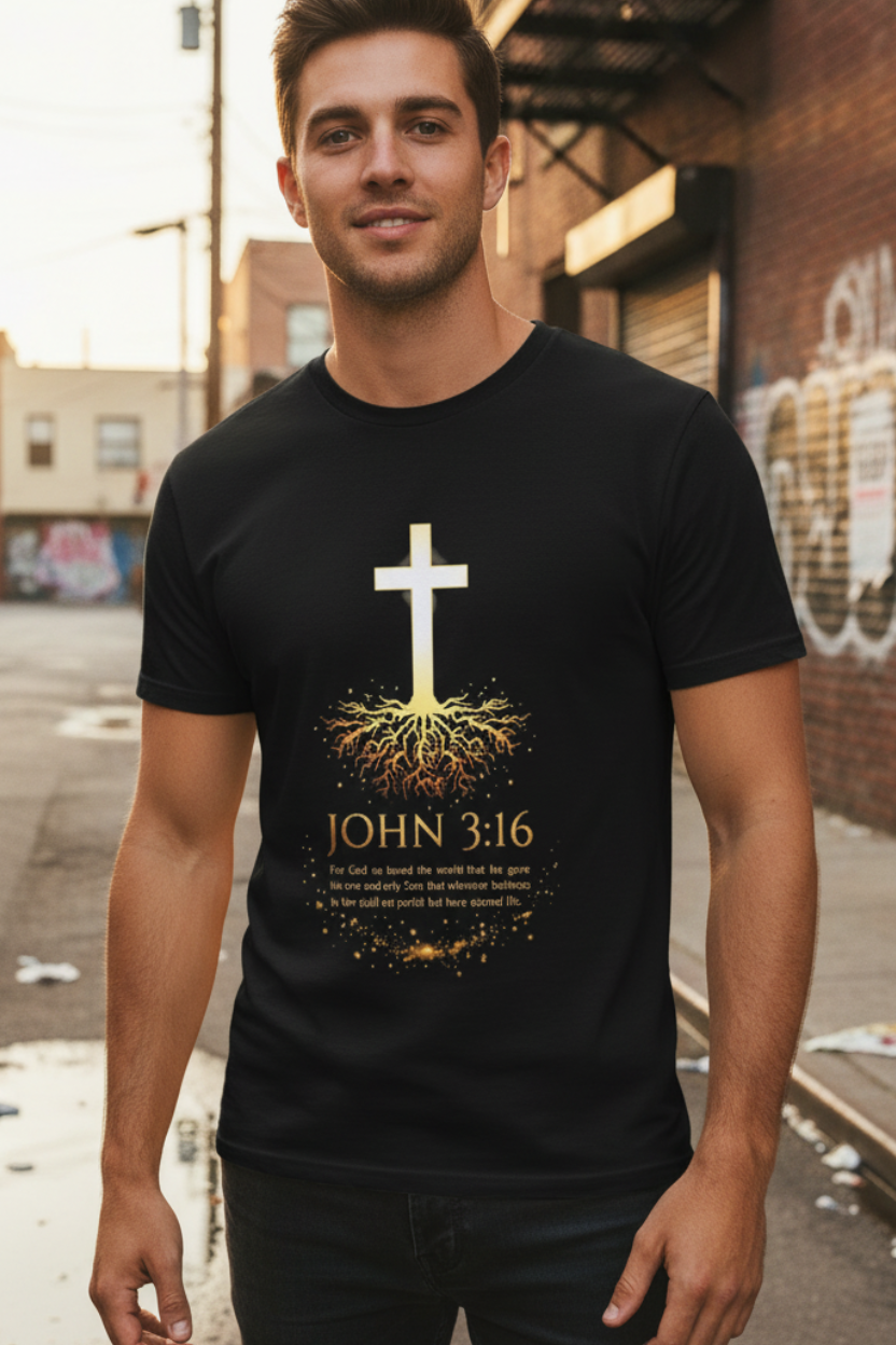 Young man standing confidently against an urban brick wall in golden afternoon light wearing a black John 3:16 Rooted in Faith t-shirt with glowing cross and golden roots design fully visible