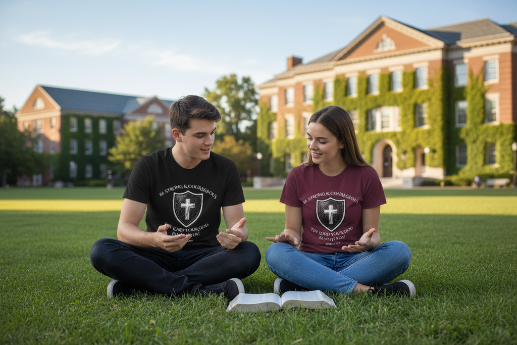 Man and woman sitting on university lawn with open Bible, wearing Joshua 1:9 Christian shield t-shirts in black and maroon
